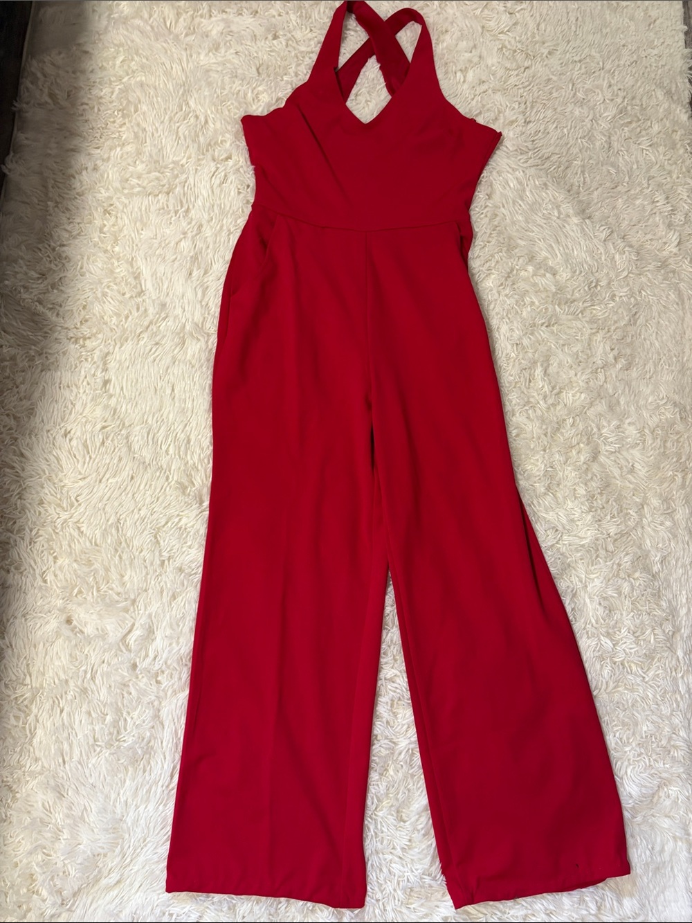 Women's Red Halter Wide-Leg Jumpsuit